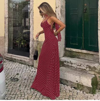 Vintage Polka Dot Spaghetti Strap Maxi Prom Dress with Neck Scarf TP5709