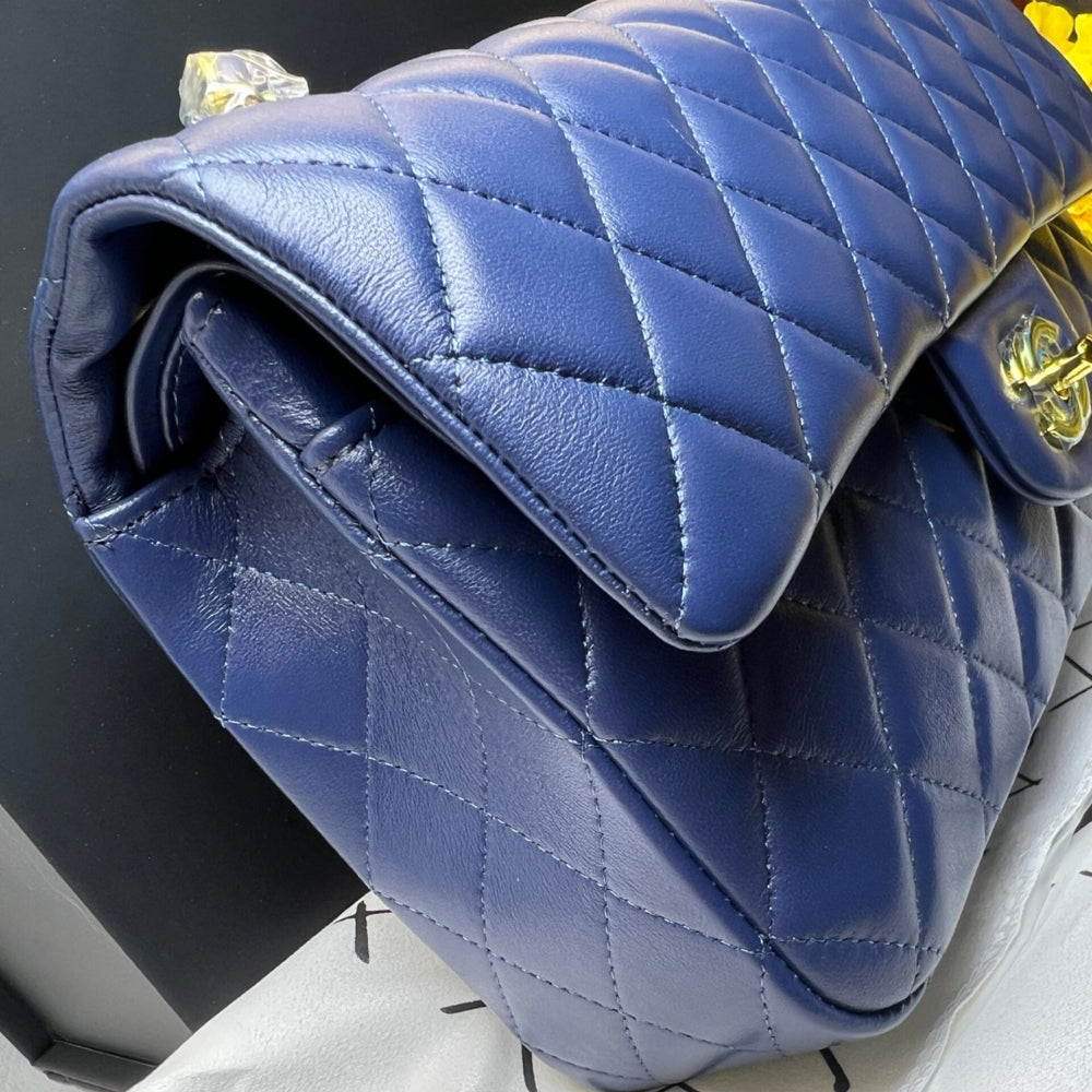 Chanel Classic Handbag Blue With Gold Hardware 26cm  A01112