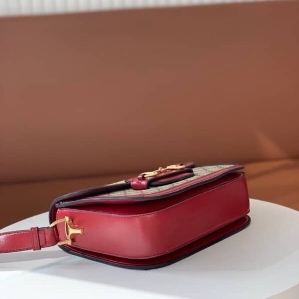Gucci Horsebit 1955 Soft Small Shoulder Bag Beige Red 25cm