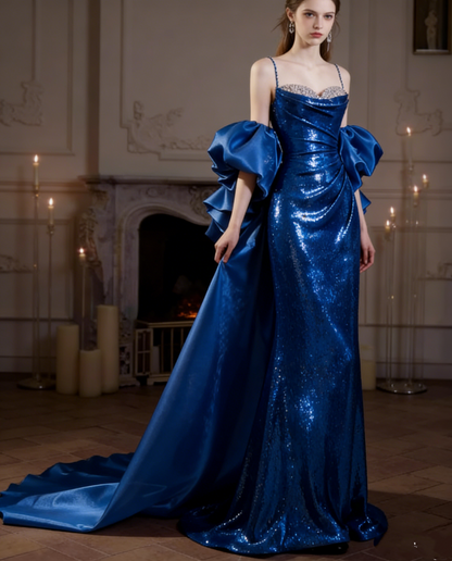 Glamorous Rose Gold Sequin Sheath Spaghetti Straps Oversized Ruffled Detachable Train Evening Gown TP5284