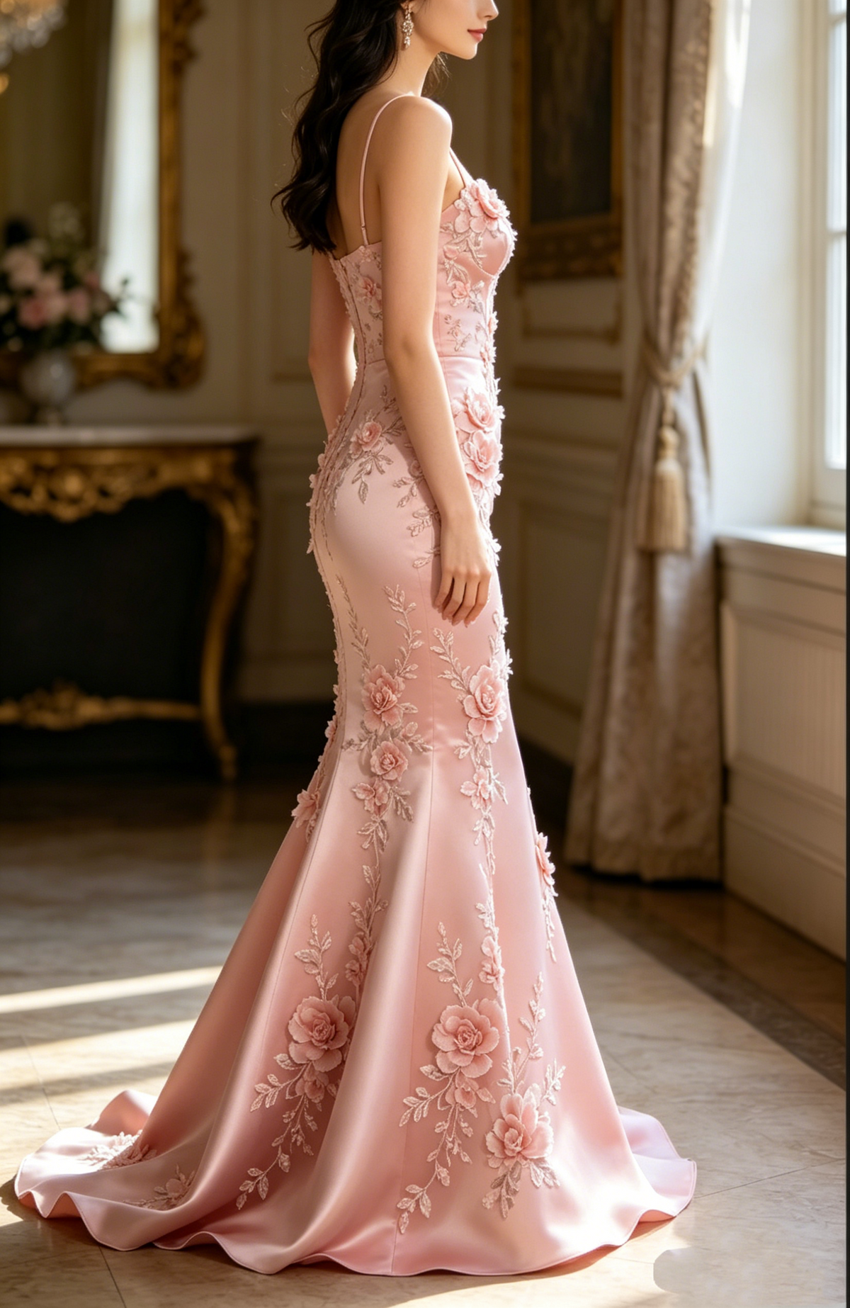 Vintage Light Pink Spaghetti Strap Mermaid Prom Dress 3D Floral Embroidery Evening Gown TP5856