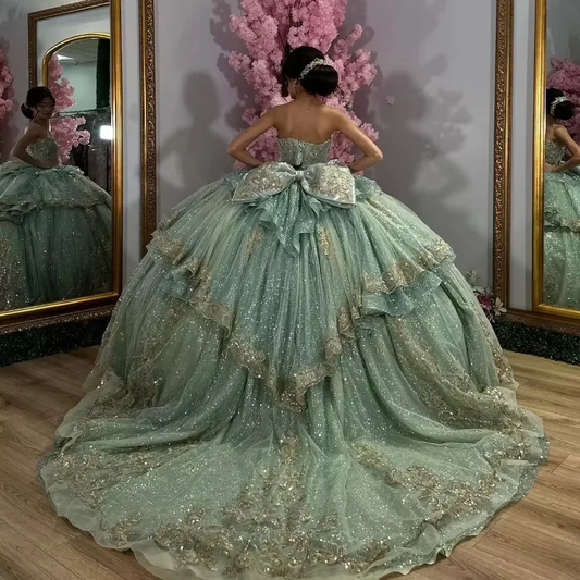 Charming Green Tulle Sequins Gold Appliques Ball Gown,Formal Quinceanera Dress  cc2626