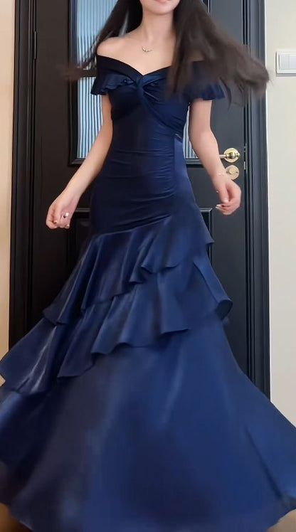 Vintage Navy Blue Off-the-Shoulder Satin Mermaid Prom Dress Ruffled Tiered Evening Gown TP5806