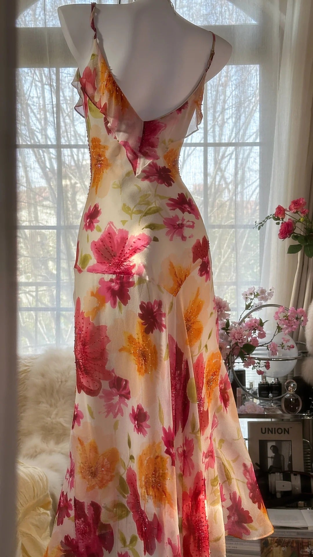 Vintage Floral A-line V-neck Spaghetti Strap Evening Dress Prom Dresses TP3931
