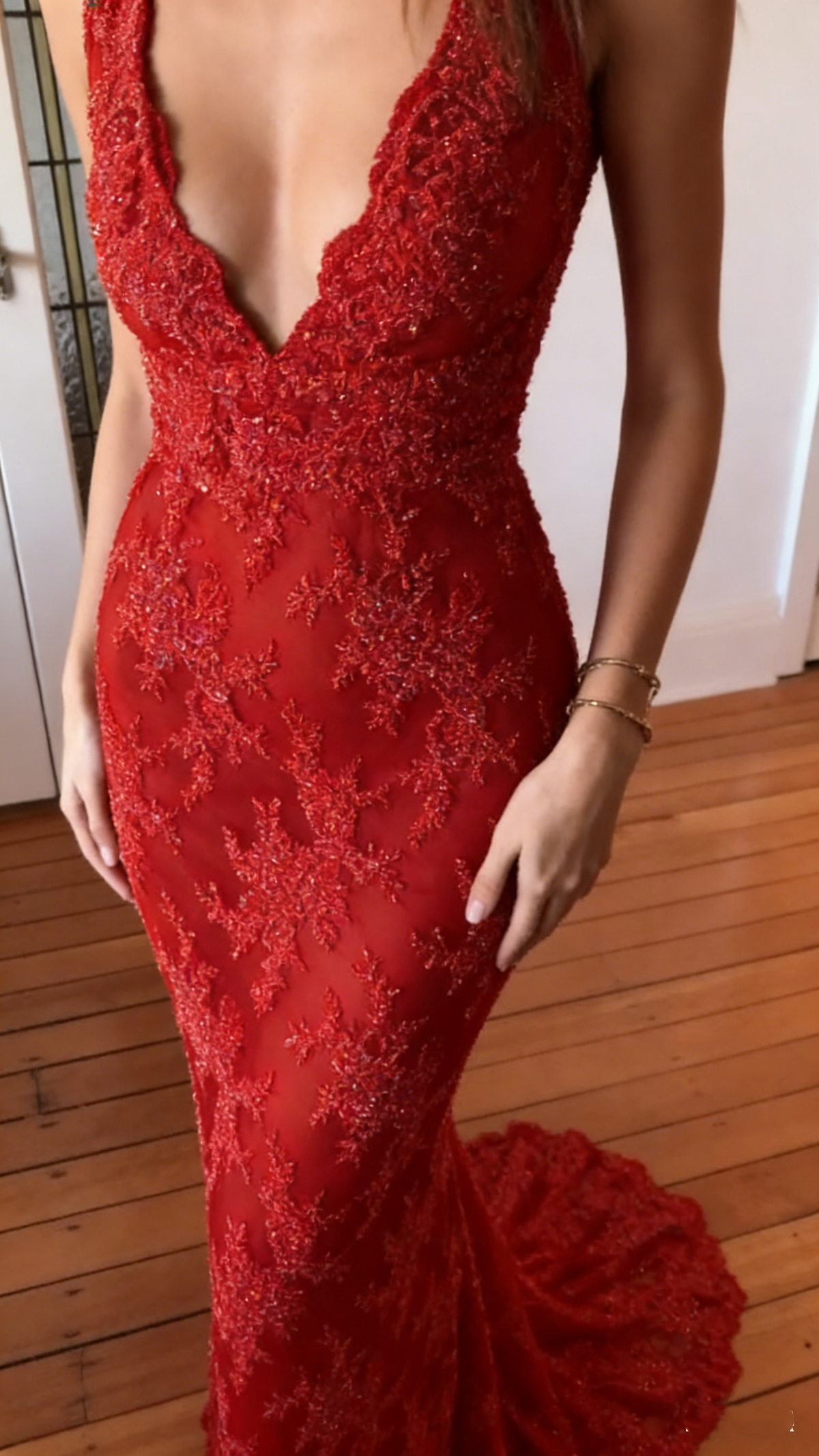 Charming Red V Neck Lace Mermaid Long Party Dress Formal Wedding Guest Dress SP1399