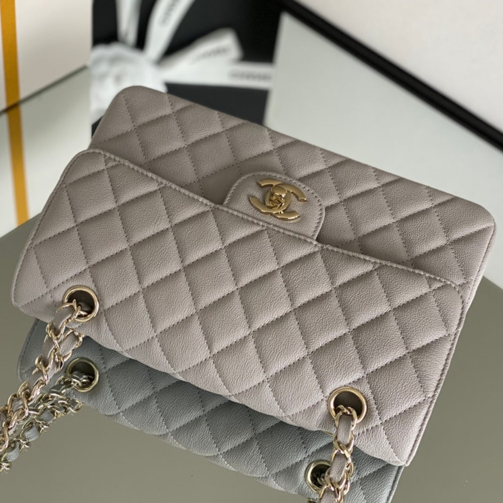 Chanel Classic Handbag Grey With Gold Hardware 26cm  A01112