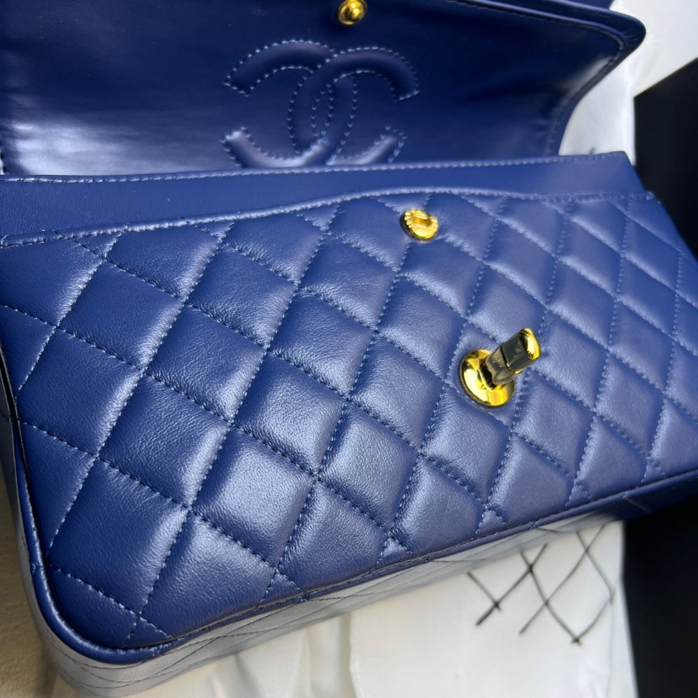 Chanel Classic Handbag Blue With Gold Hardware 26cm  A01112