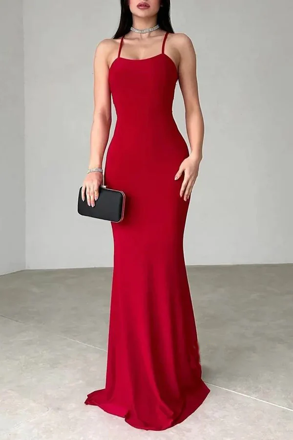 Fitted boat shaped thin shoulder strap tied party prom dress