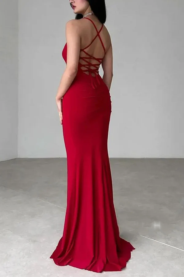 Fitted boat shaped thin shoulder strap tied party prom dress