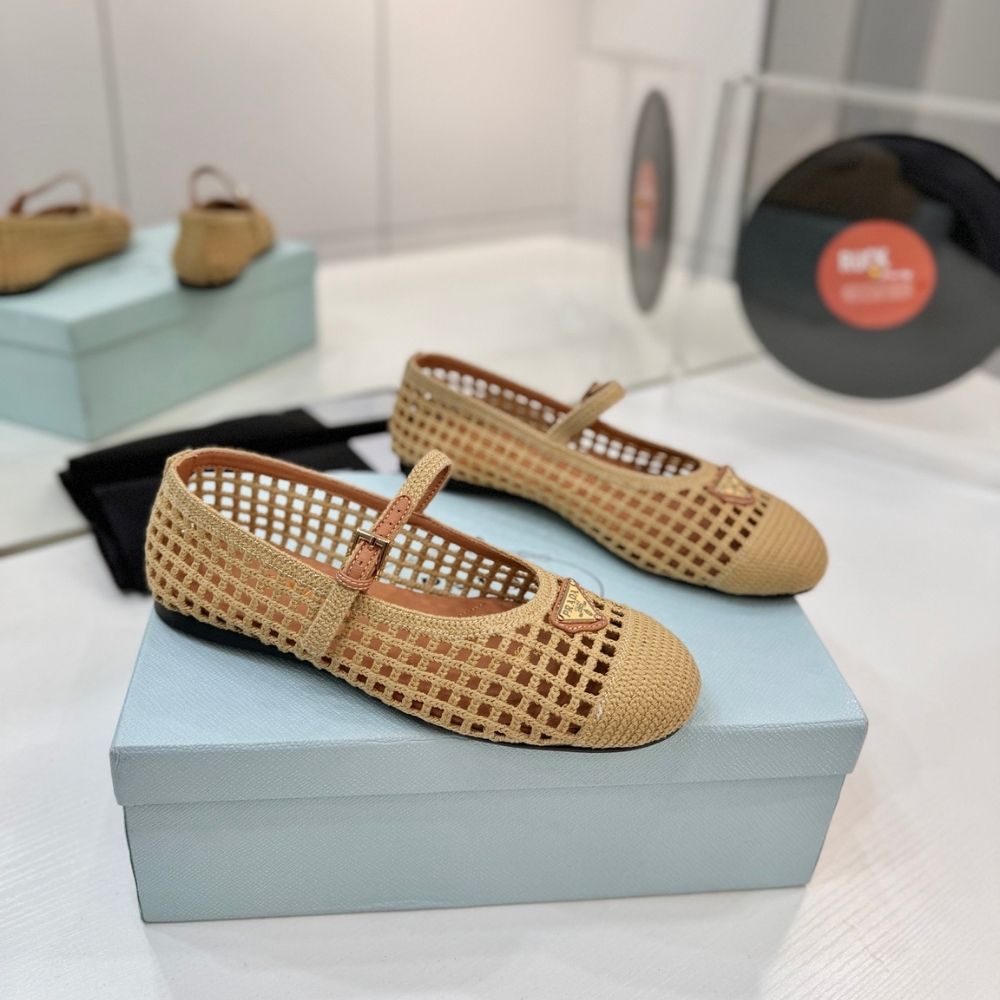 Prada Crochet Ballerinas Beige Brown