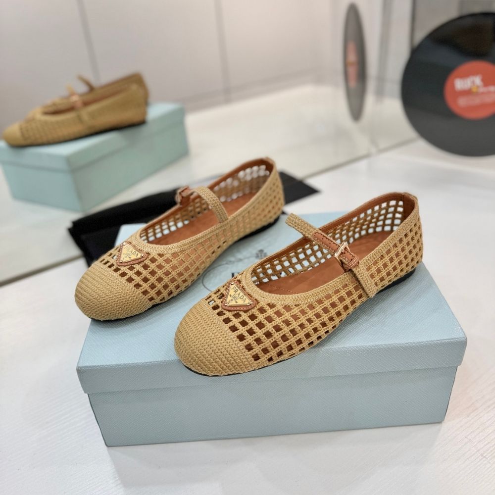 Prada Crochet Ballerinas Beige Brown