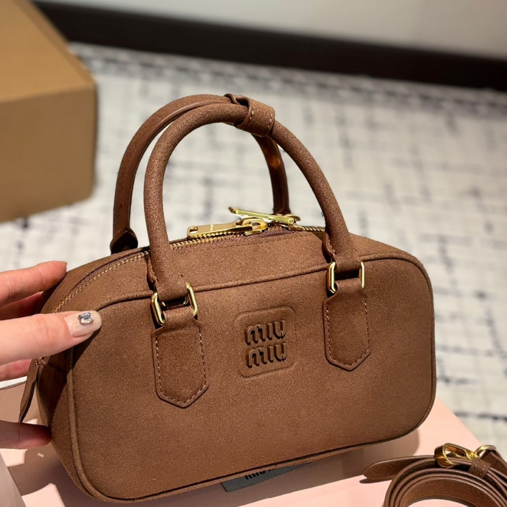 MIUMIU ARCADIE PADDED SUEDE TOP HANDLE BAG COCOA BROWN 23CM 5BB142 2CS4 F0324 V OON