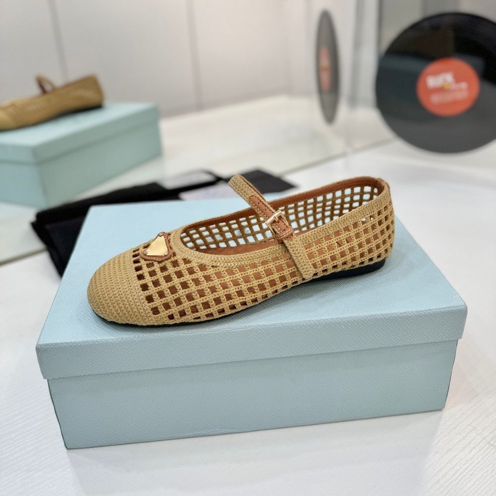Prada Crochet Ballerinas Beige Brown