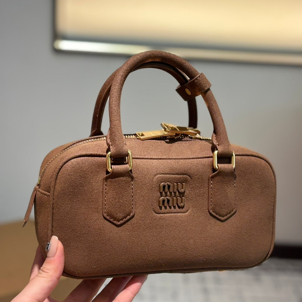 MIUMIU ARCADIE PADDED SUEDE TOP HANDLE BAG COCOA BROWN 23CM 5BB142 2CS4 F0324 V OON