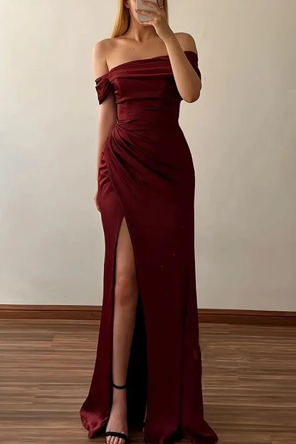 Fitted off shoulder pleated side slit party prom dress