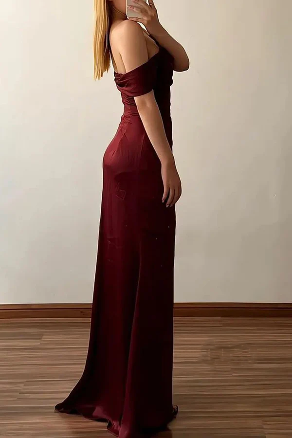 Fitted off shoulder pleated side slit party prom dress