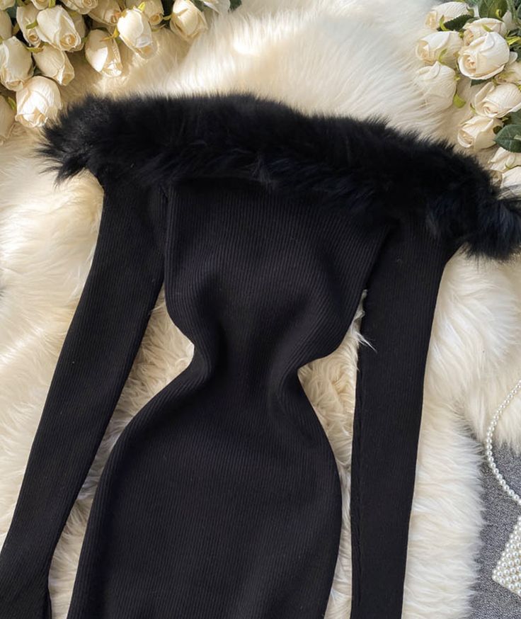 Black/white/gray autumn and winter fashion new sexy off-shoulder fashion fur collar slim hip knitted dress 11281