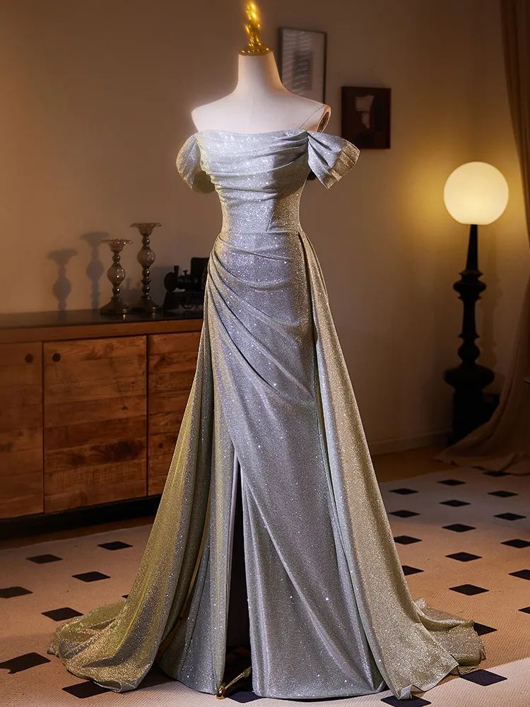 Glamorous Off-Shoulder Shimmering Slit Evening Gown TP5101