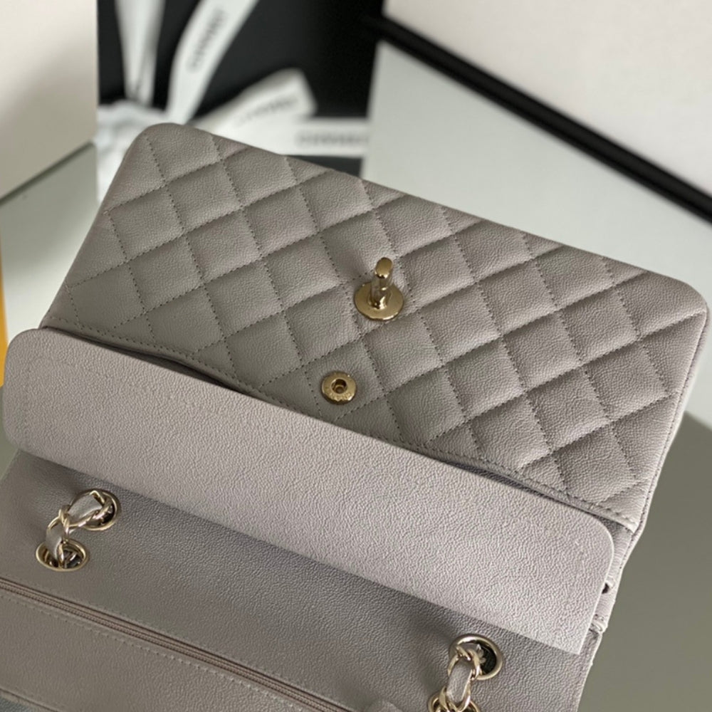 Chanel Classic Handbag Grey With Gold Hardware 26cm  A01112