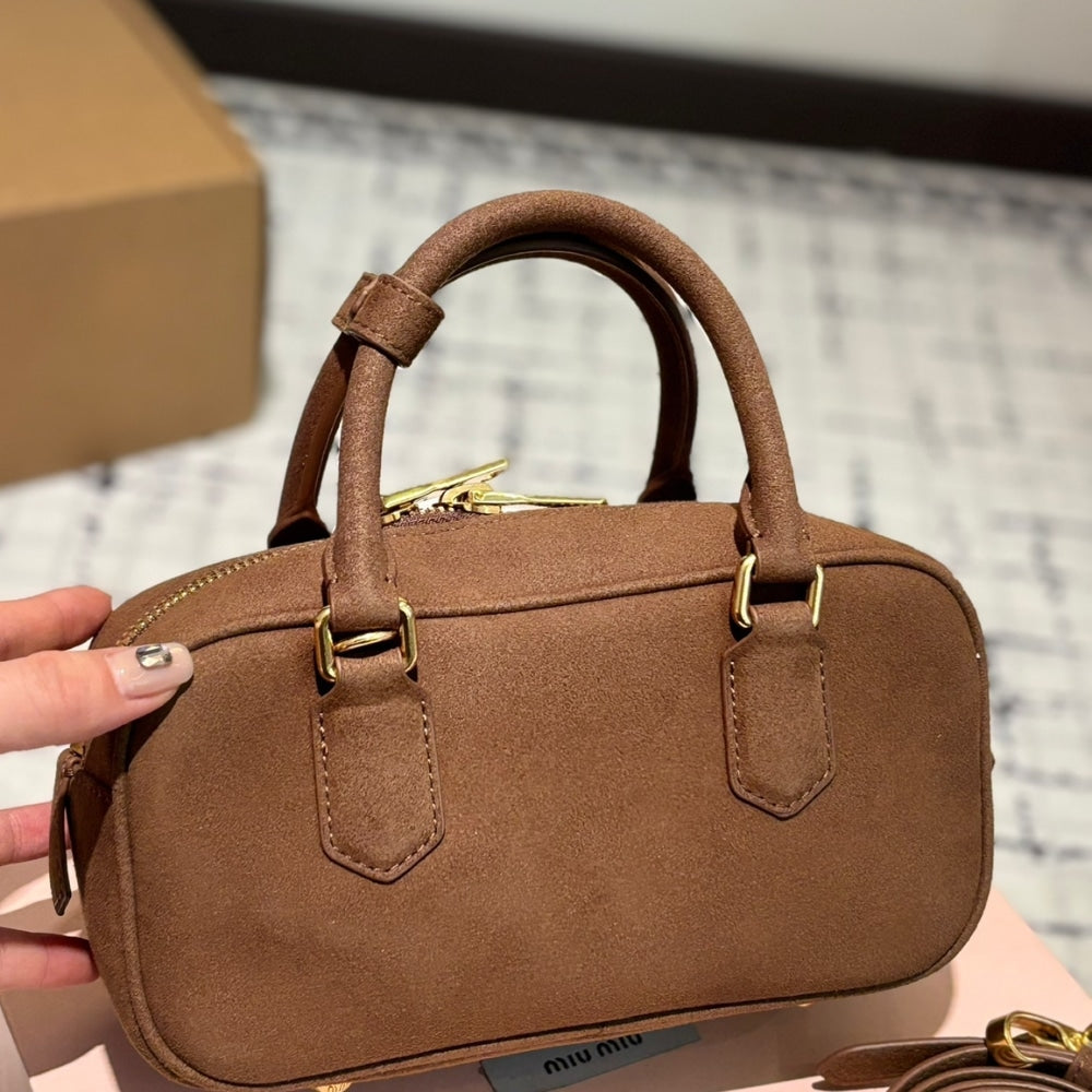 MIUMIU ARCADIE PADDED SUEDE TOP HANDLE BAG COCOA BROWN 23CM 5BB142 2CS4 F0324 V OON