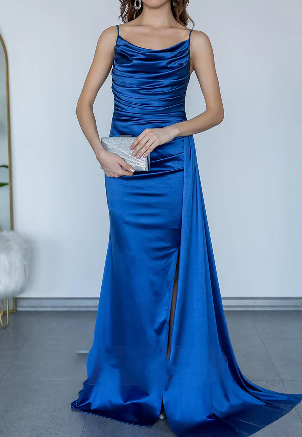 Satin flared thin shoulder strap pleated side slit party ball evening dress