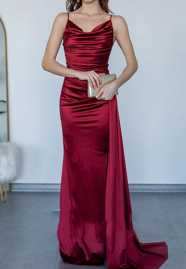 Satin flared thin shoulder strap pleated side slit party ball evening dress
