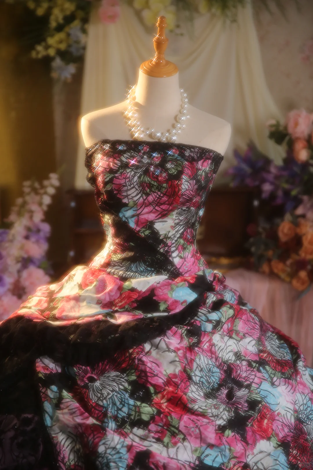 Vintage Floral Print Strapless Layered Lace Tulle Sweet 15 Quinceanera Ball Gown TP5510
