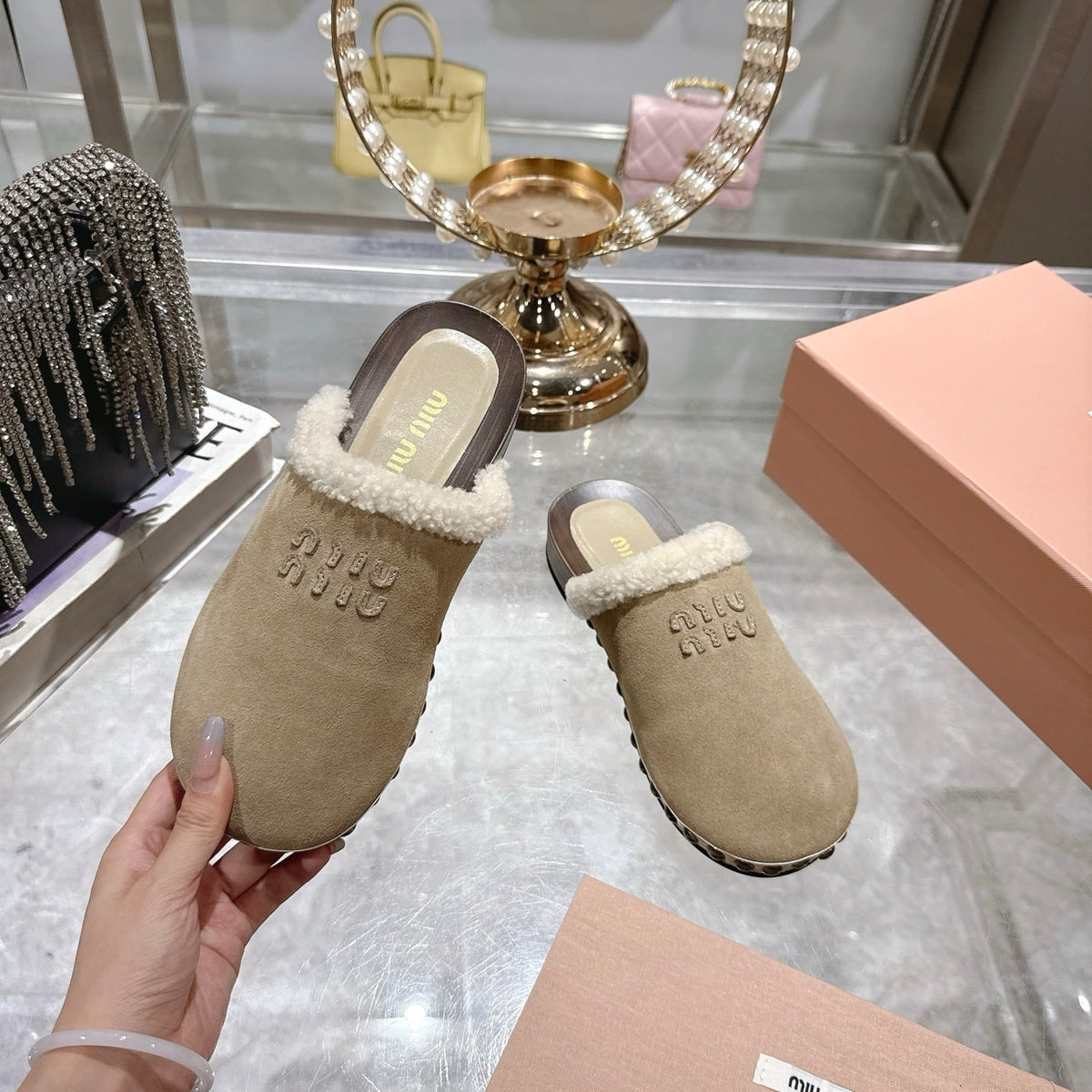 MIUMIU SUEDE CLOGS BEIGE