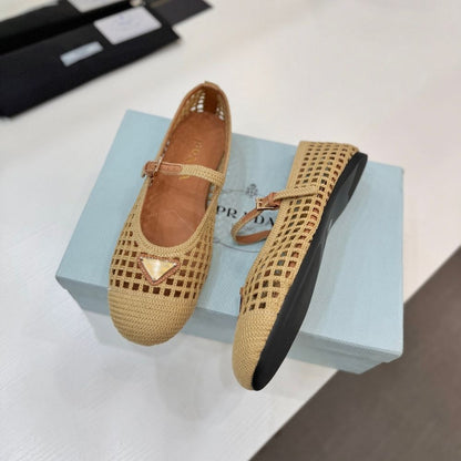 Prada Crochet Ballerinas Beige Brown