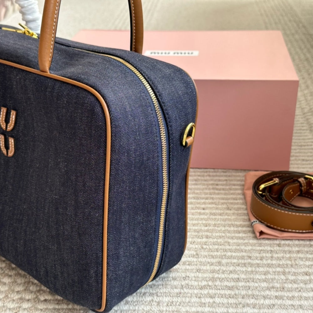 MIUMIU BEAU DENIM TOP HANDLE BAG BLUE 35CM
