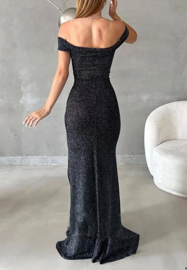 Unique fit sparkling off shoulder side slit evening dress