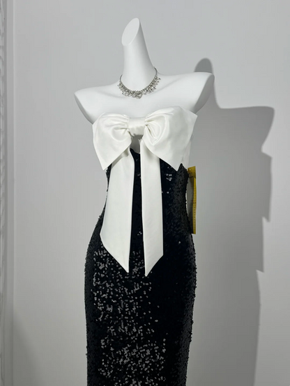 Strapless Dress with Bow Neckline, White & Black Sequin, Sexy Fitted Waist Slim Prom & Evening Gown gh7230
