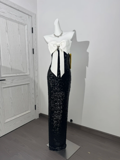 Strapless Dress with Bow Neckline, White & Black Sequin, Sexy Fitted Waist Slim Prom & Evening Gown gh7230