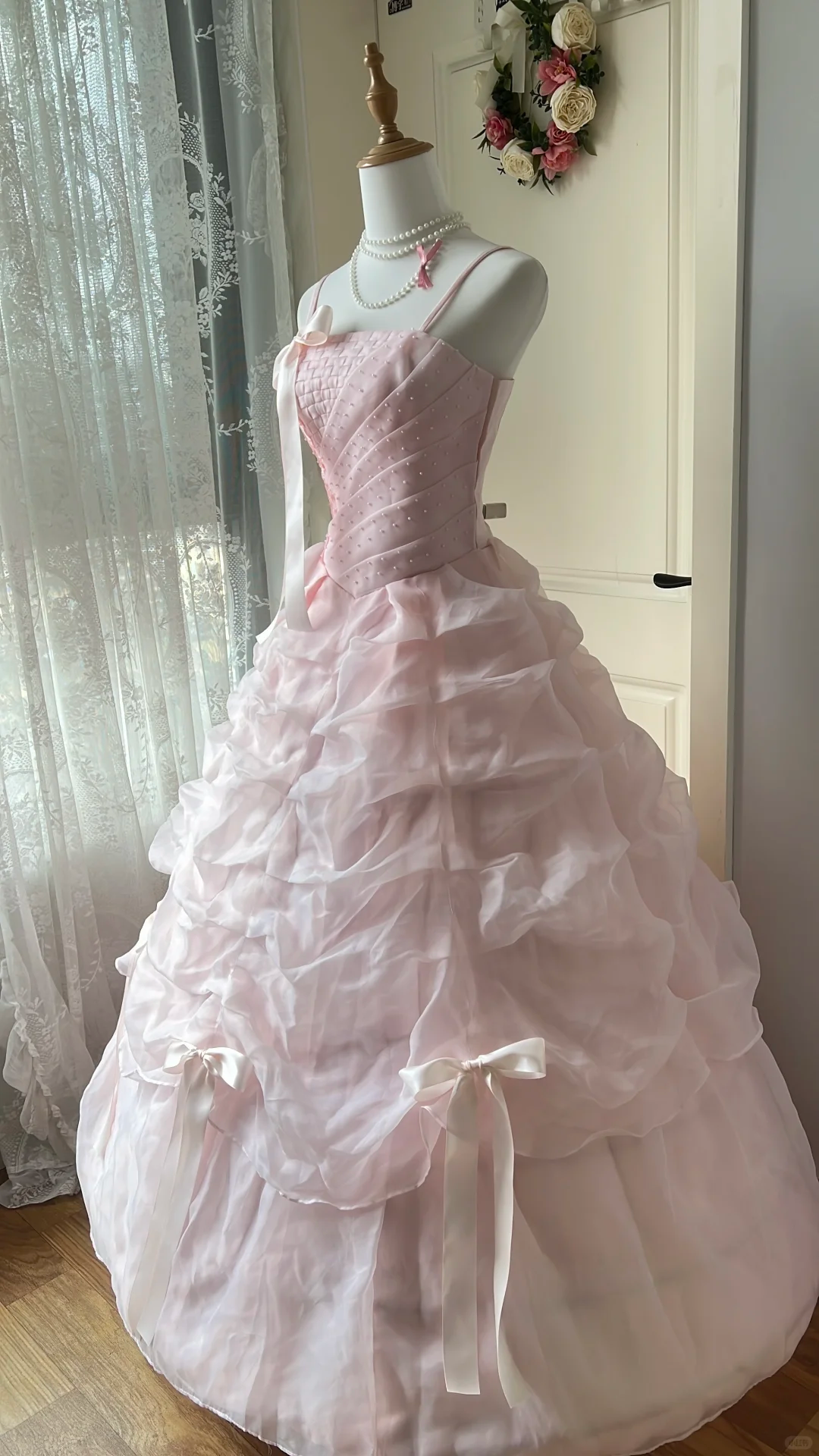 Glamorous Light Pink Bow Pearl Beaded Tiered Sweet 15 Quinceanera Ball Gown TP5828
