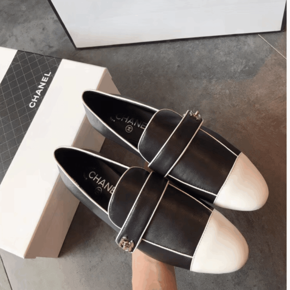 Chanel Leather CC Cap Toe Slip On Loafers Black