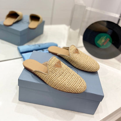 Prada Woven Fabric Mules Natural