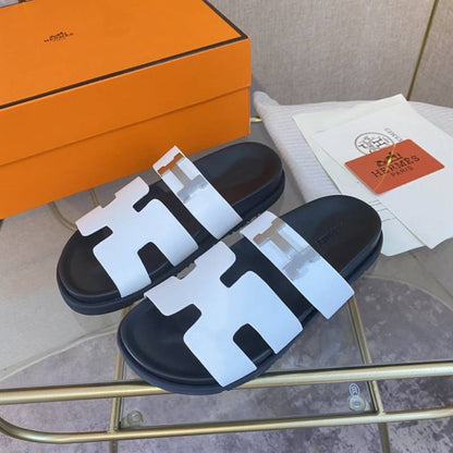 Hermes Chypre Sandal H Logo Silver Hardware White