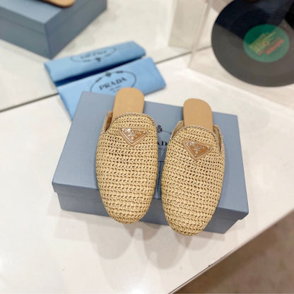 Prada Woven Fabric Mules Natural