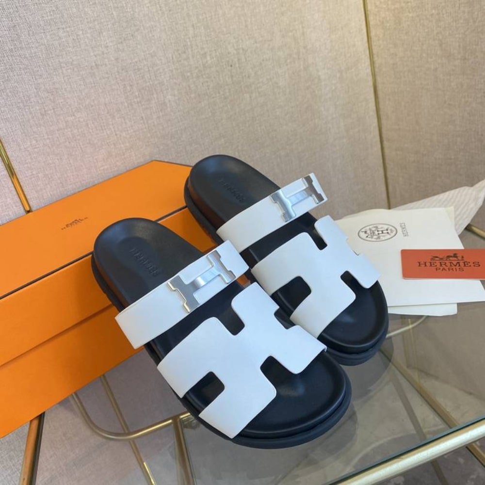 Hermes Chypre Sandal H Logo Silver Hardware White