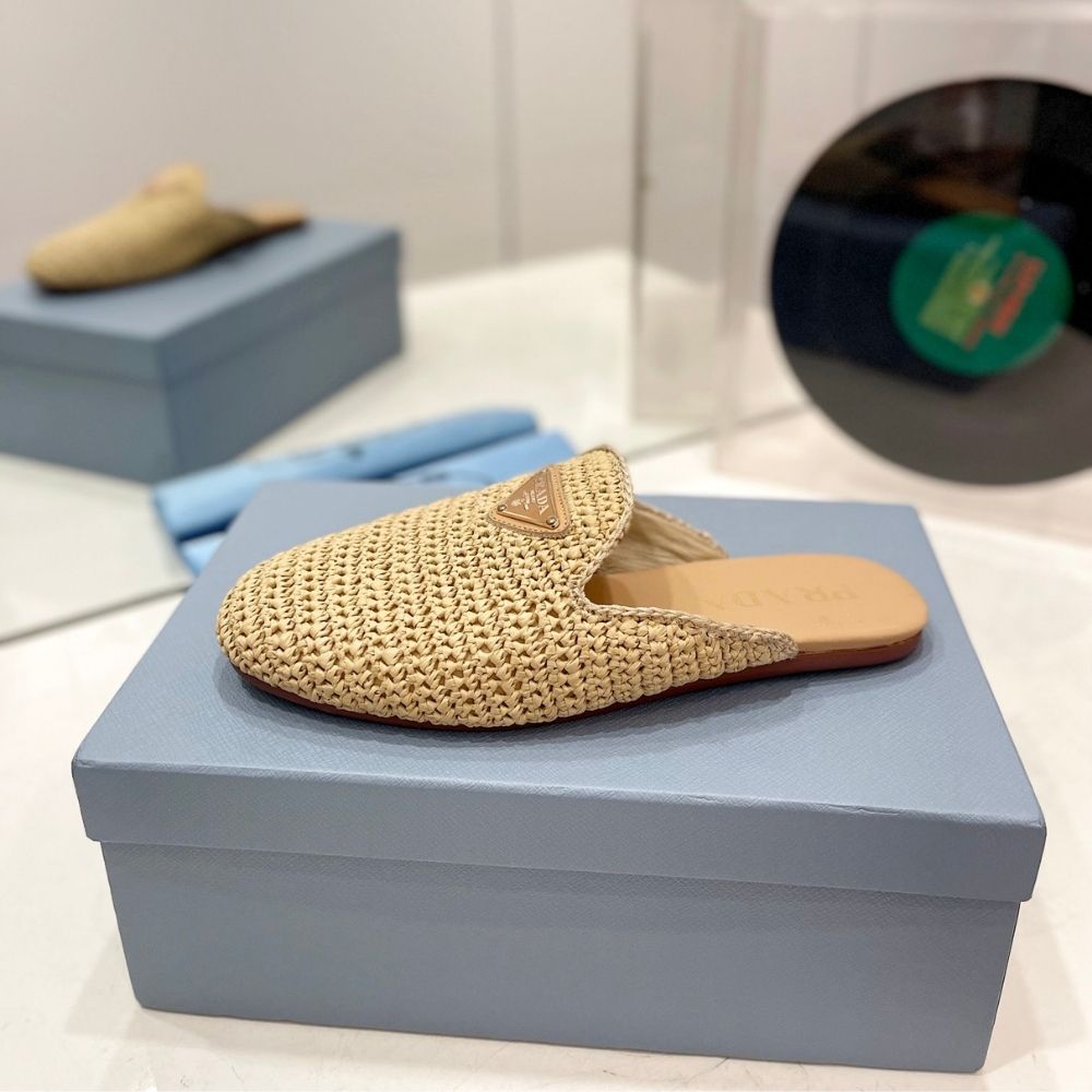 Prada Woven Fabric Mules Natural
