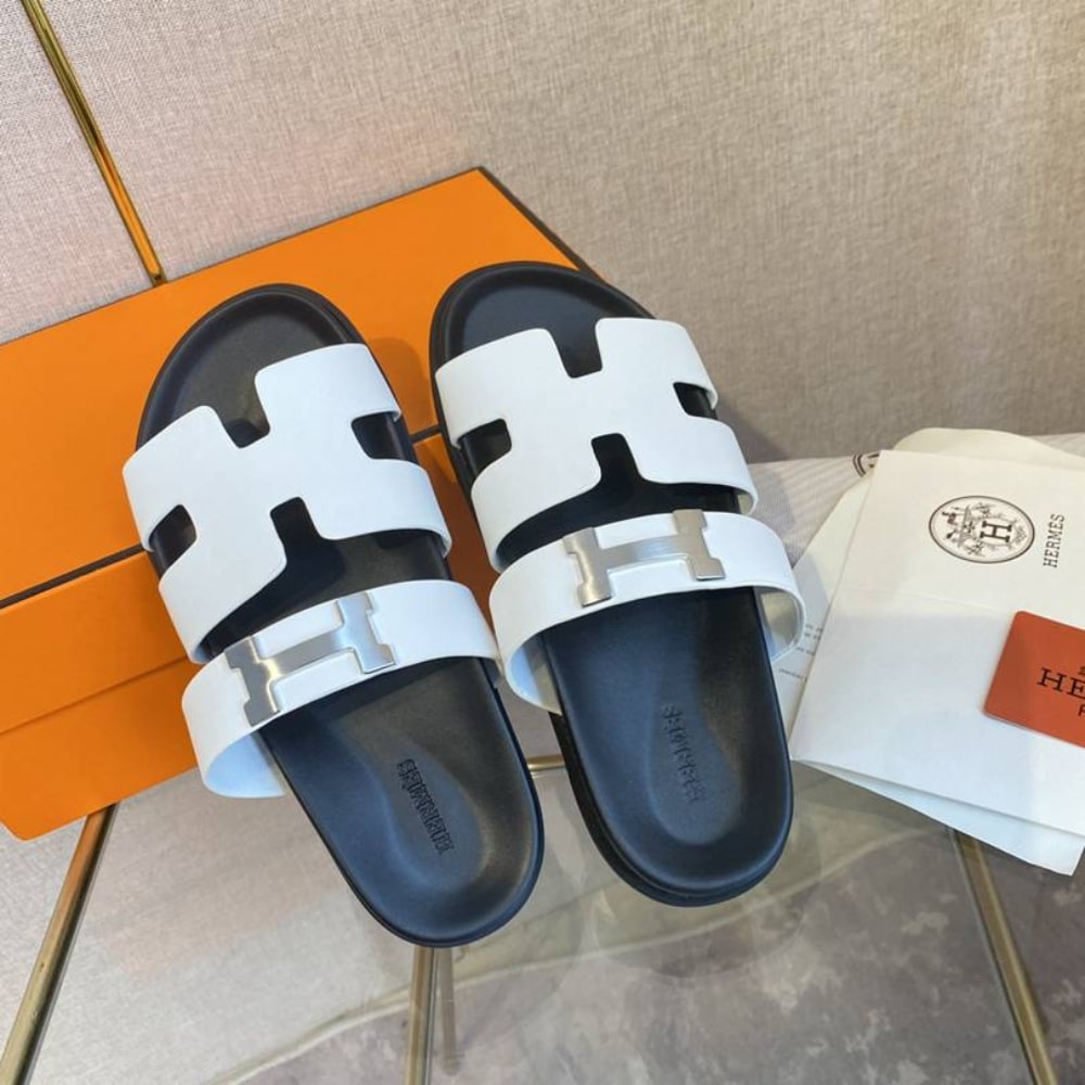 Hermes Chypre Sandal H Logo Silver Hardware White
