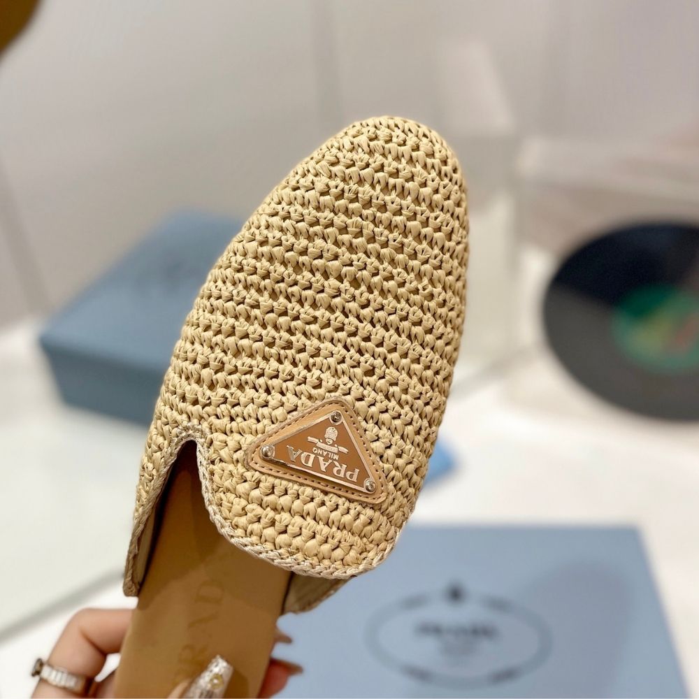 Prada Woven Fabric Mules Natural