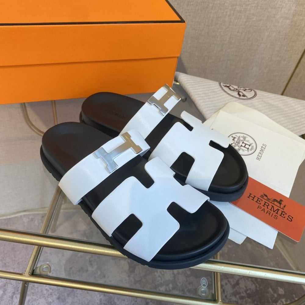 Hermes Chypre Sandal H Logo Silver Hardware White