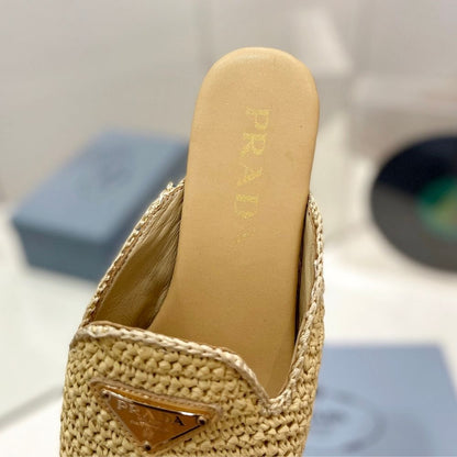 Prada Woven Fabric Mules Natural