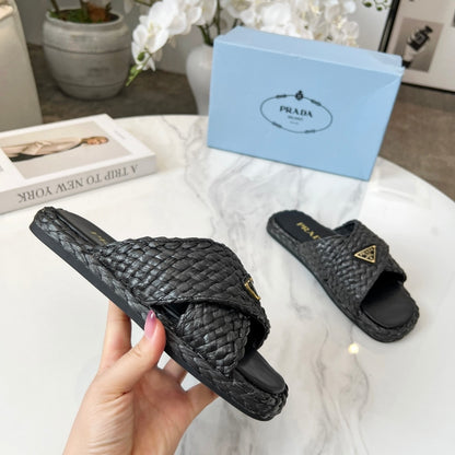 PRADA RAFFIA CRISSCROSS SLIDES BLACK 1XX750 027 F0002 F 020