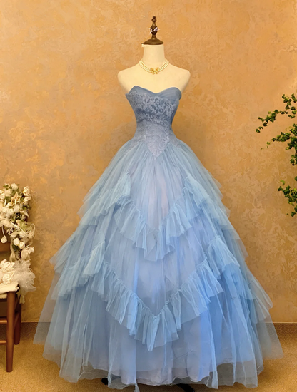 Slate Blue Strapless Waist-Cinched Puff-Skirt Ball Gown & Bridal Gown R7402