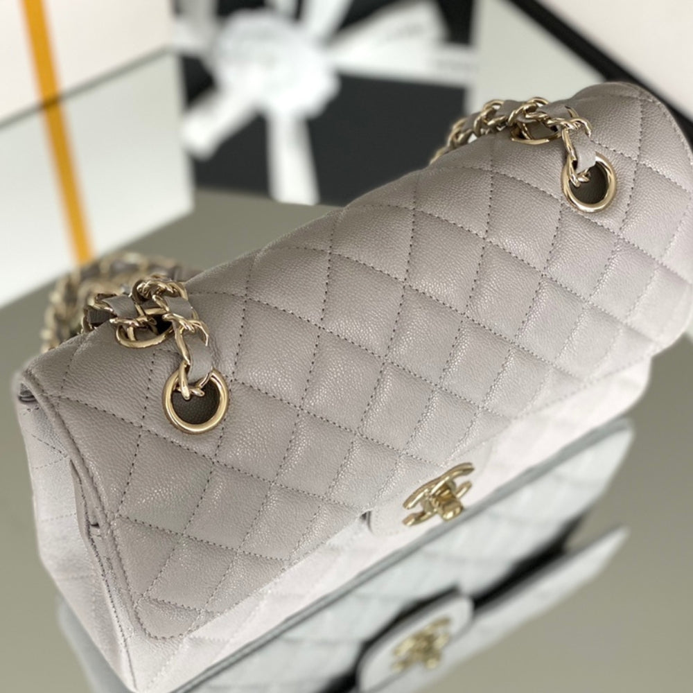 Chanel Classic Handbag Grey With Gold Hardware 26cm  A01112