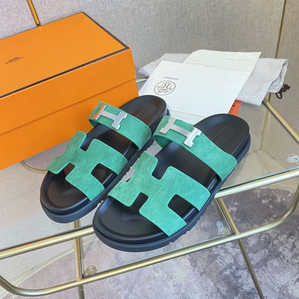 Hermes Chypre Sandal Suede H Logo Silver Hardware Green