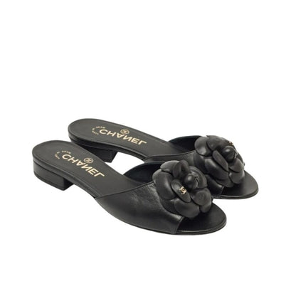 Chanel Black Camellia Slide Flat Sandals