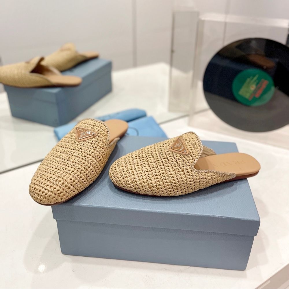 Prada Woven Fabric Mules Natural